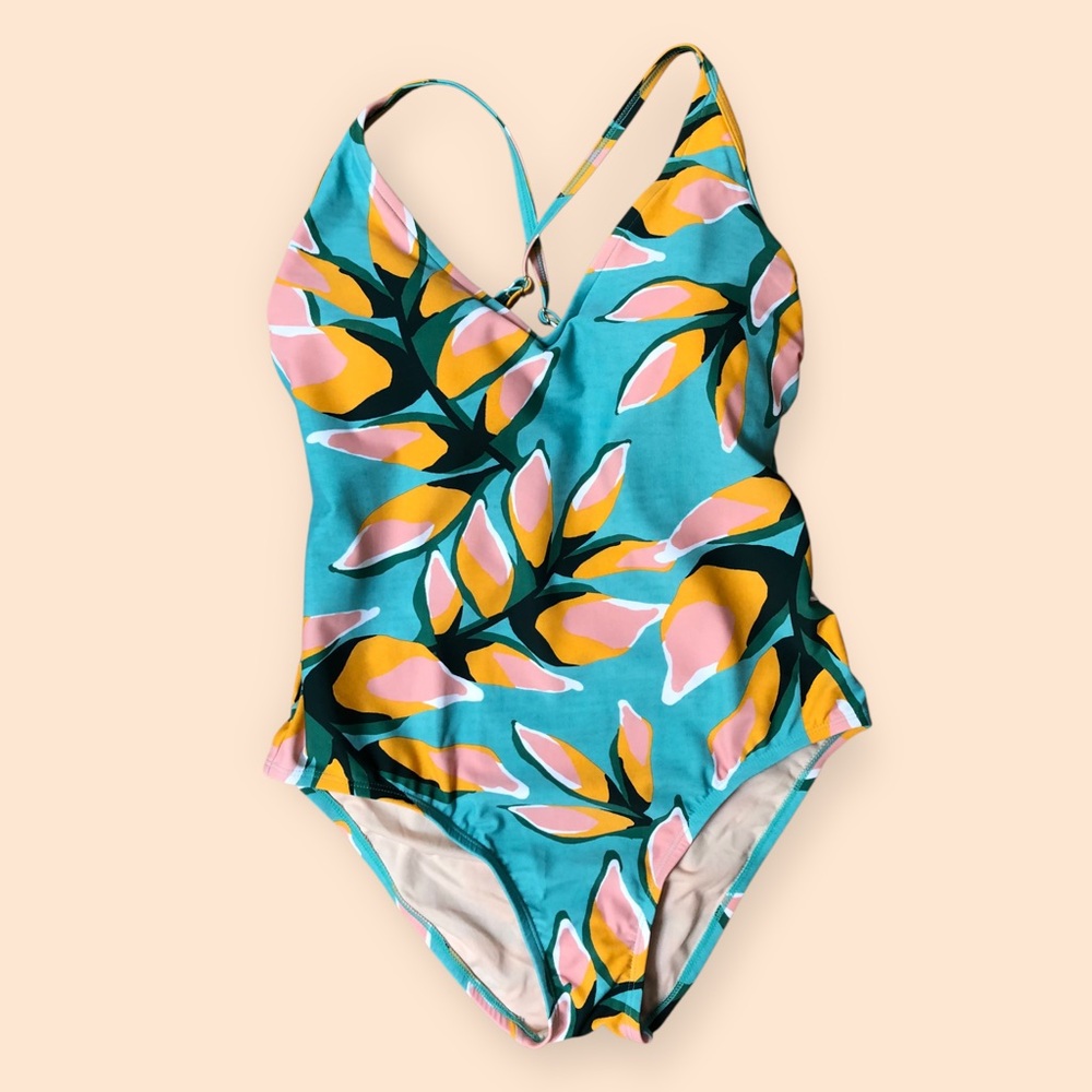 Kona Sol NEW Teal Tropical One Piece Swimsuit Medium Coverage Women’s L (12-14)
